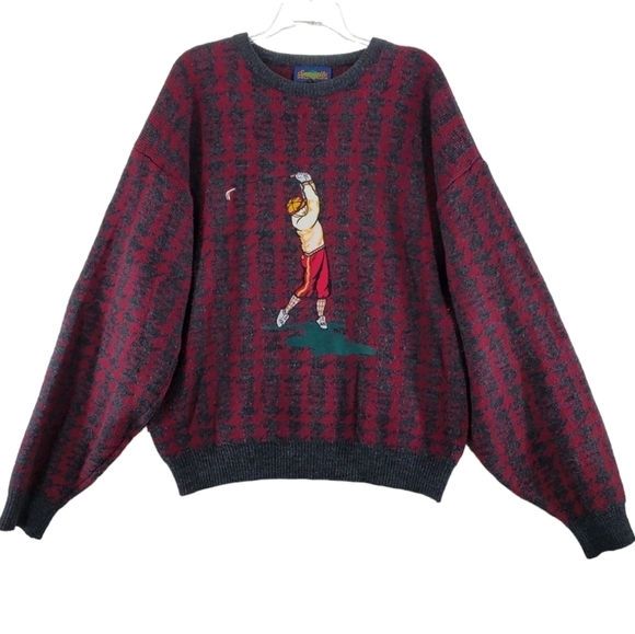 Vtg Golf Motif Knit Sweater Mens XL Maroon Red Gray Embroidered Crewneck L/S - Picture 2 of 11